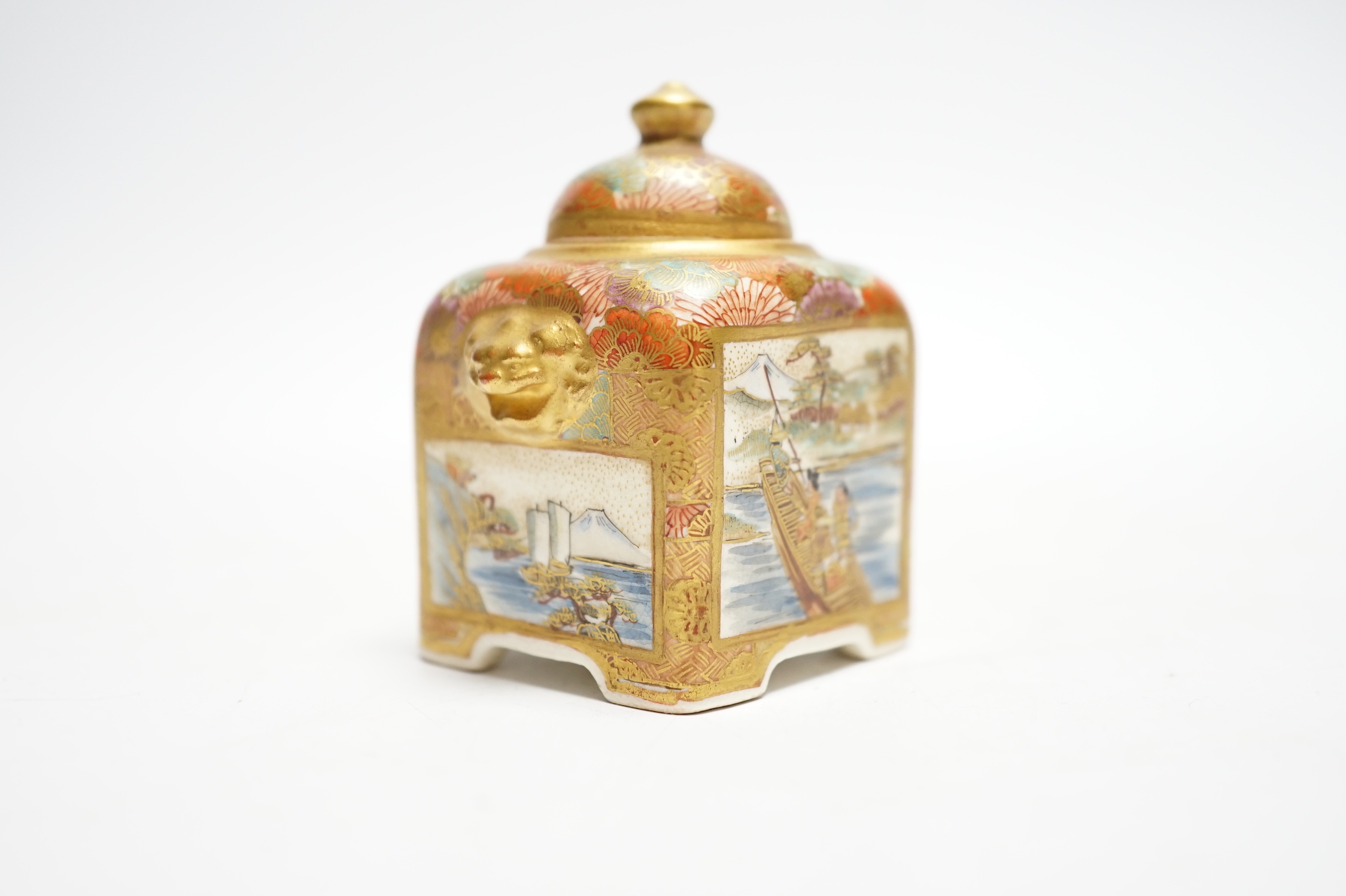 An early 20th century Japanese Satsuma pottery miniature square pot and cover, signed Kinkozan, 6.5cm high